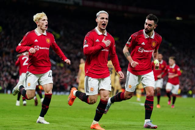 <p>Manchester United’s Antony celebrates his goal </p>