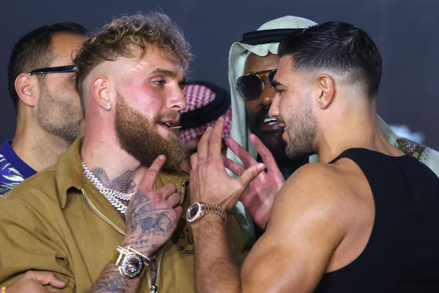 <p>Jake Paul and Tommy Fury meet in the ring in Saudi Arabia on Saturday</p>