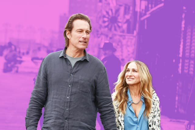 <p>John Corbett and Sarah Jessica Parker, aka Aidan and Carrie, film scenes for the next season of ‘And Just Like That...’ this month</p>