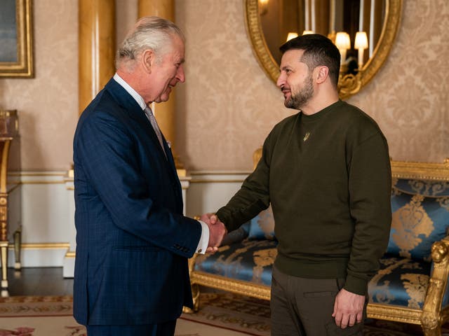 <p>King Charles meets Ukrainian president Zelensky at Buckingham Palace</p>