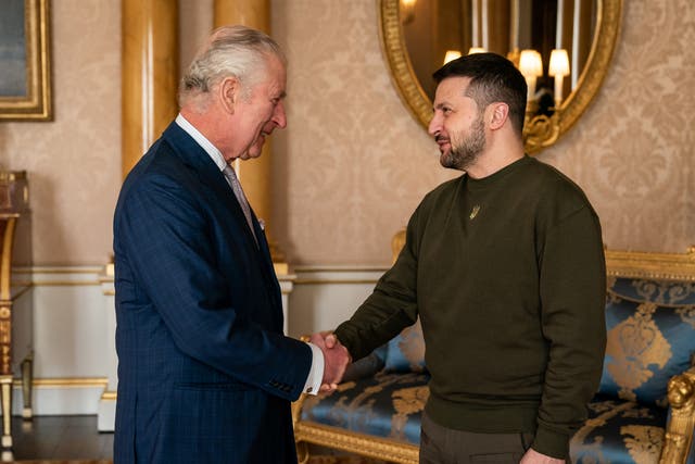 <p>King Charles meets Ukrainian president Zelensky at Buckingham Palace</p>