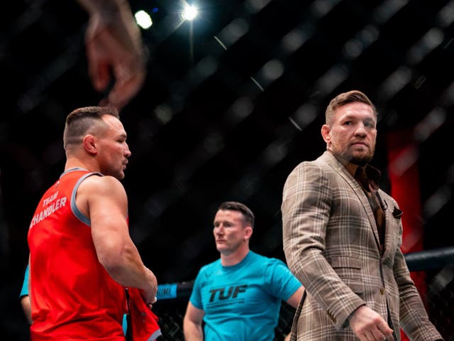 <p>Michael Chandler (left) with Conor McGregor (right) on the set of ‘The Ultimate Fighter’</p>