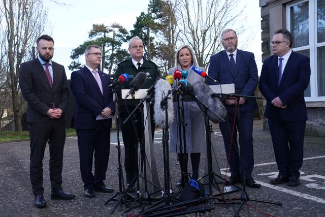 (left to right) SDLP leader Colum Eastwood, DUP leader Jeffrey Donaldson, Police Service of Northern Ireland (PSNI) Chief Constable Simon Byrne, Sinn Fein deputy leader Michelle O’Neill, Ulster Unionist Party (UUP) leader Doug Beattie, and Alliance party leader Stephen Farry speaking to the media outside the PSNI HQ in Belfast, where they are meeting following the shooting of PSNI Detective Chief Inspector John Caldwell on Wednesday. Picture date: Friday February 24, 2023.