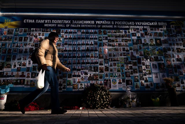 The Wall of Remembrance of the Fallen for Ukraine at the Mykhailivsky Golden-Domed Monastery in Kyiv (Aaron Chown/PA)