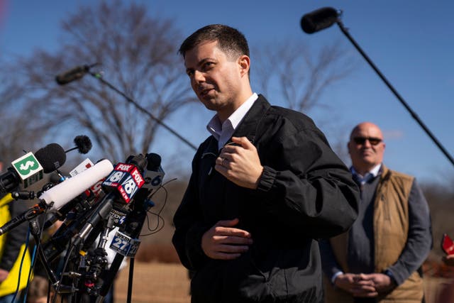 <p>EAST PALESTINE, OH - FEBRUARY 23: U.S. Transportation Secretary Pete Buttigieg delivers remarks to the press as he visited the site of the Norfolk Southern train derailment on February 23, 2023 in East Palestine, Ohio.</p>