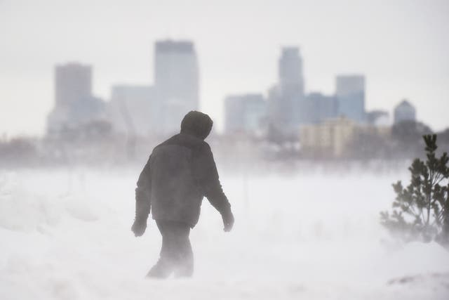 <p>A man goes for a walk in front of the Minneapolis skyline at Bde Maka Ska Park during a snowstorm in Minneapolis, Minnesota</p>
