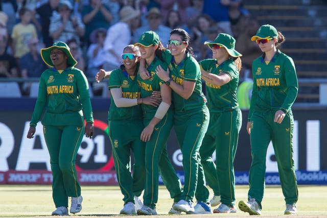 South Africa celebrate during their victory over England (Halden Krog/AP).
