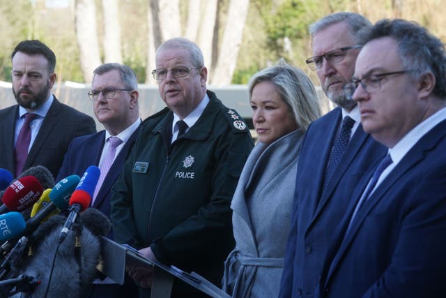 (left to right) SDLP leader Colum Eastwood, DUP leader Jeffrey Donaldson, Police Service of Northern Ireland Chief Constable Simon Byrne, Sinn Fein deputy leader Michelle O’Neill, Ulster Unionist Party leader Doug Beattie, and Stephen Farry. from the Alliance party, speak to the media outside the PSNI HQ (Brian Lawless/PA)
