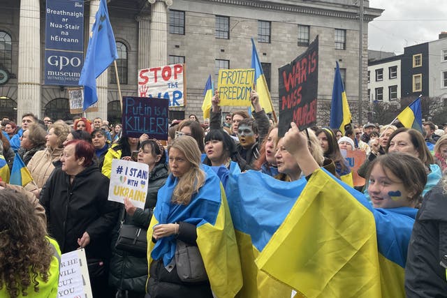 Ukrainians and supporters gather at the GPO on Dublin’s O’Connell Street to mark a year since Russia’s invasion of Ukraine (Grainne Ni Aodha/PA)