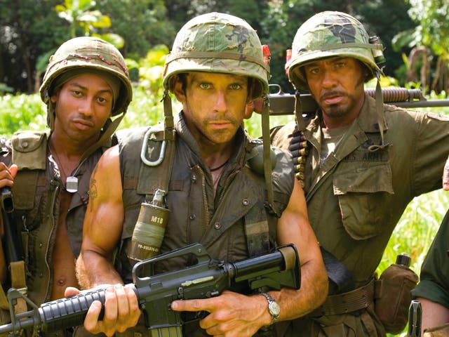 <p>(Left to right) Brandon T Jackson, Ben Stiller and Robert Downey Jr in ‘Tropic Thunder’</p>