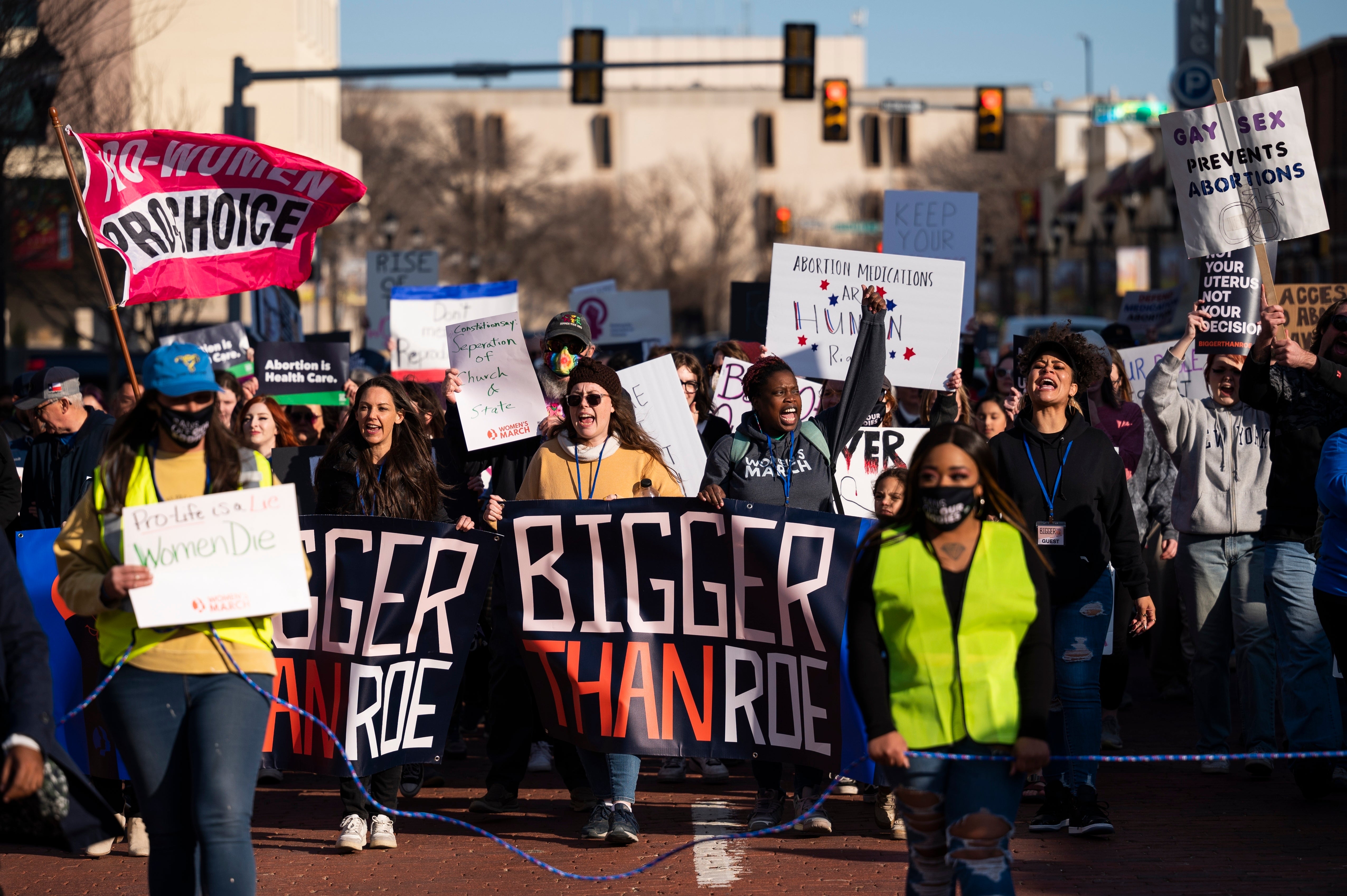 Abortion rights protesters march in Amarillo, Texas to demonstrate against a lawsuit seeking to revoke access to a critical medication abortion drug.