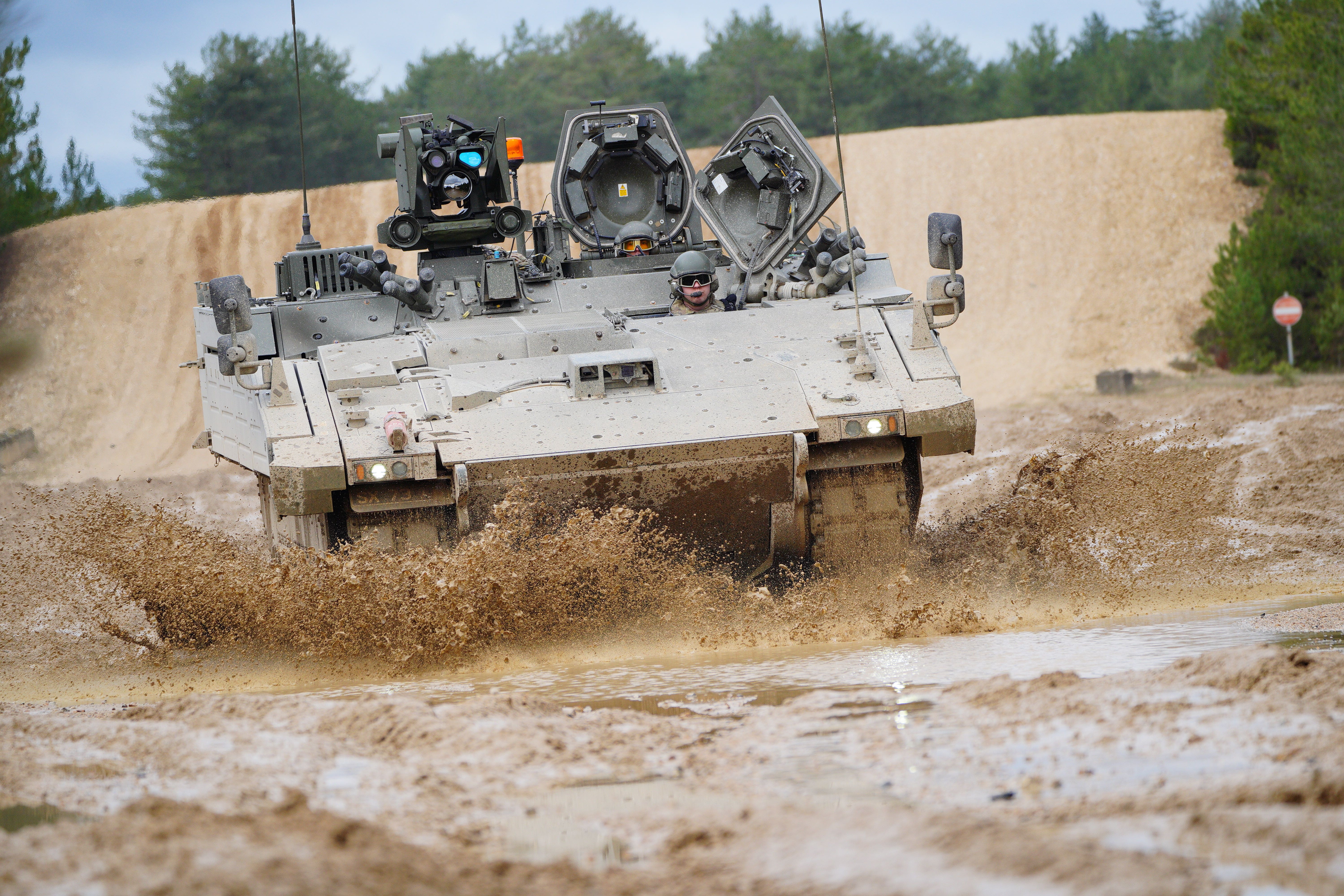 An Ajax Ares tank, an armoured personnel carrier, on the training range at Bovington Camp, a British Army military base in Dorset, during a visit by Defence Secretary Ben Wallace. Picture date: Wednesday February 22, 2023.