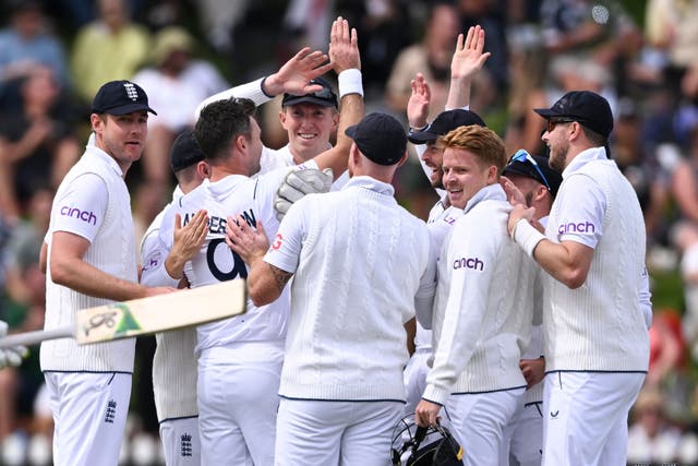 England players celebrate James Anderson’s first wicket (Andrew Cornaga/AP)