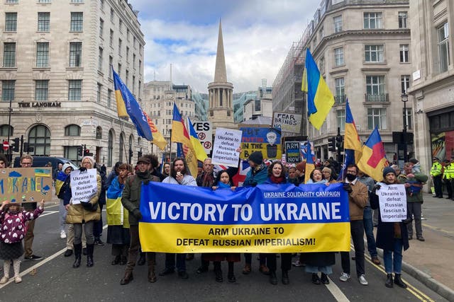 Peter Tatchell and pro-Ukraine supporters during a demonstration where they are calling to arm Ukraine for their fight against Russia (Timothy Sigsworth/PA)