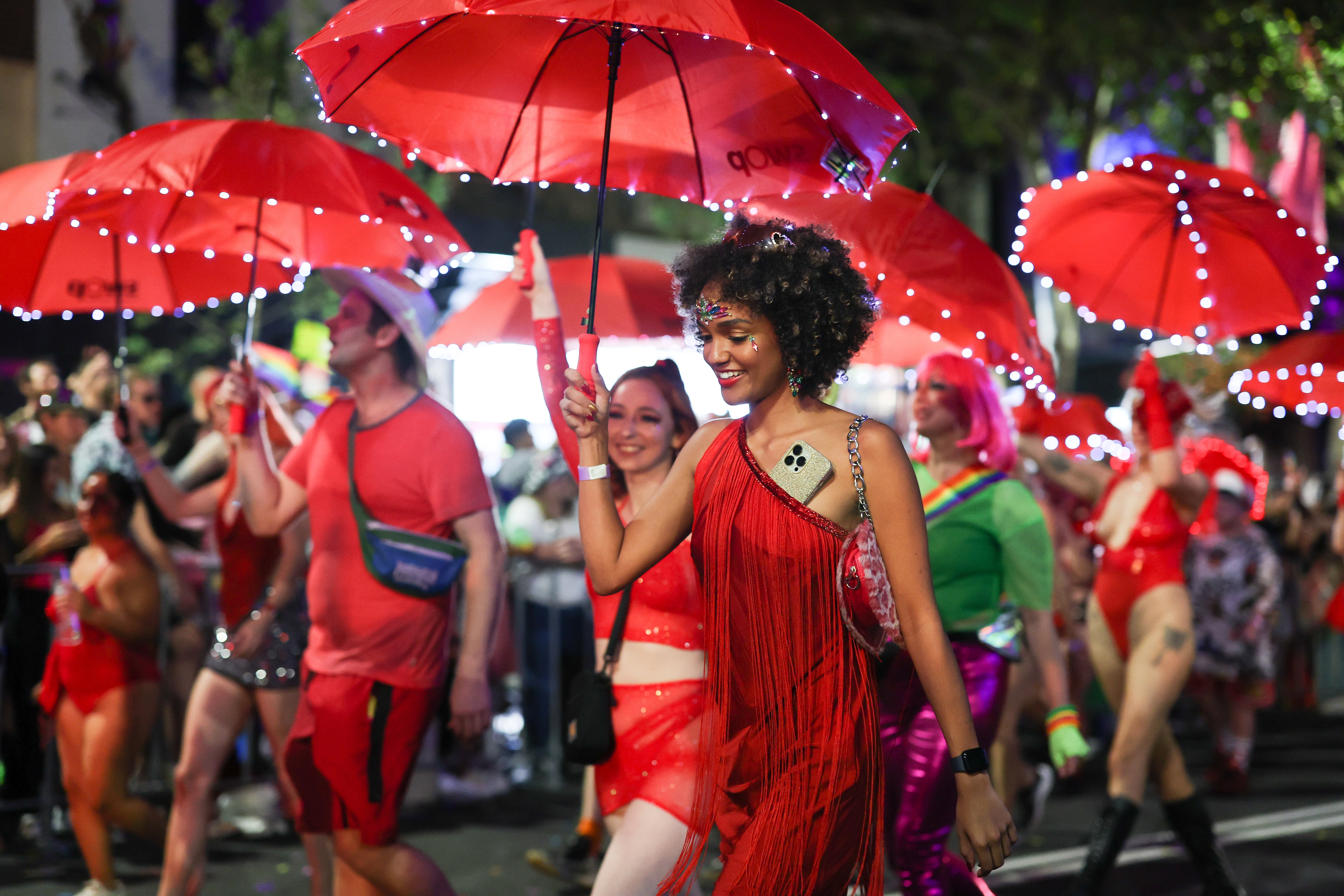 Participants take part in the 45th annual Gay and Lesbian Mardi Gras parade on Oxford Street in Sydney in February 2023