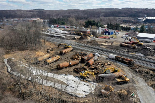 <p>A view of the scene on Friday, February 24, 2023 as the cleanup continues at the site of of a Norfolk Southern freight train derailment that happened in East Palestine, Ohio </p>