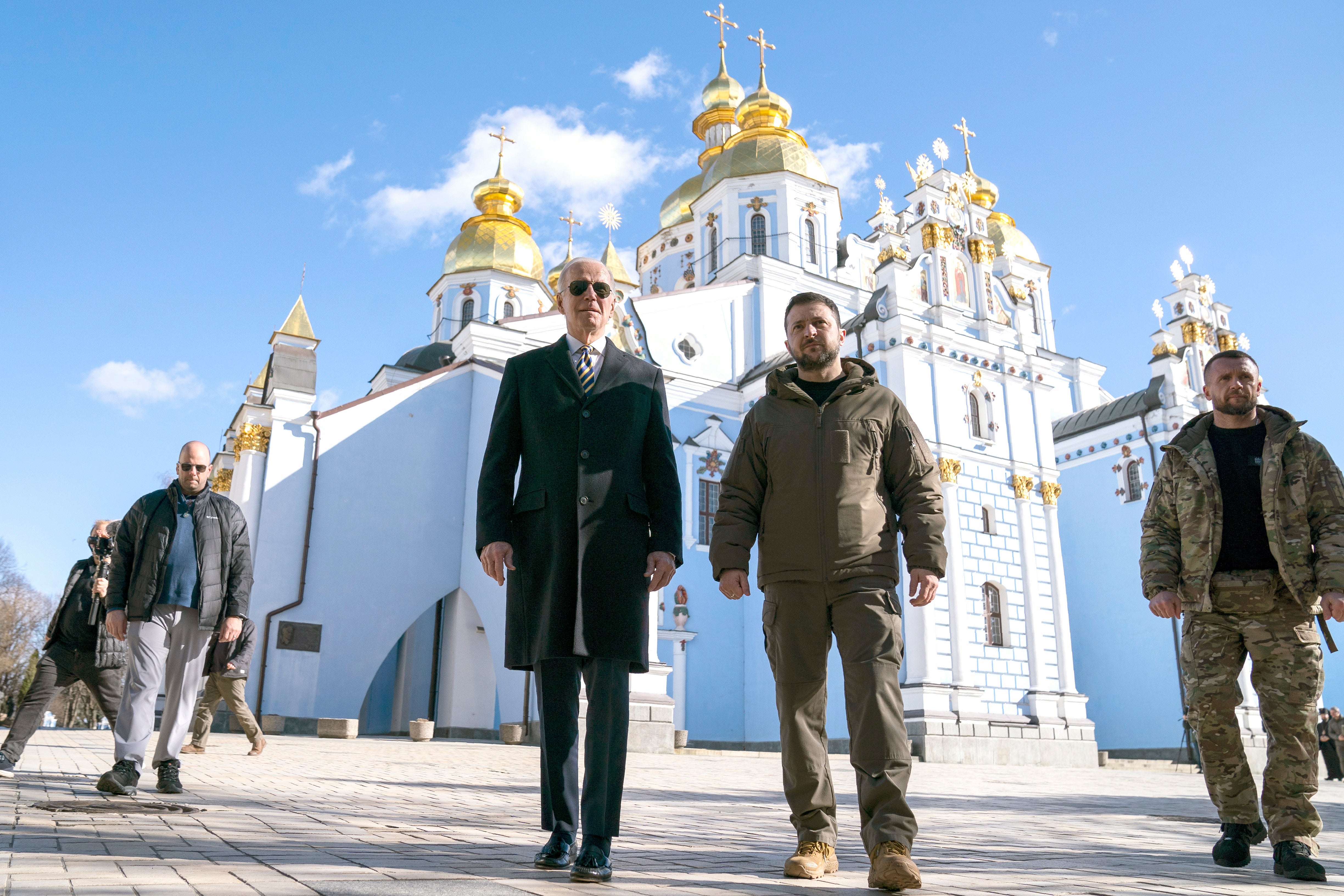 Joe Biden with Volodymyr Zelensky at St Michael’s Golden-Domed Monastery on a surprise visit to Kyiv on 20 February
