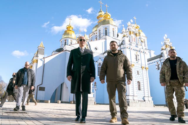 <p>Joe Biden with Volodymyr Zelensky at St Michael’s Golden-Domed Monastery on a surprise visit to Kyiv on 20 February</p>
