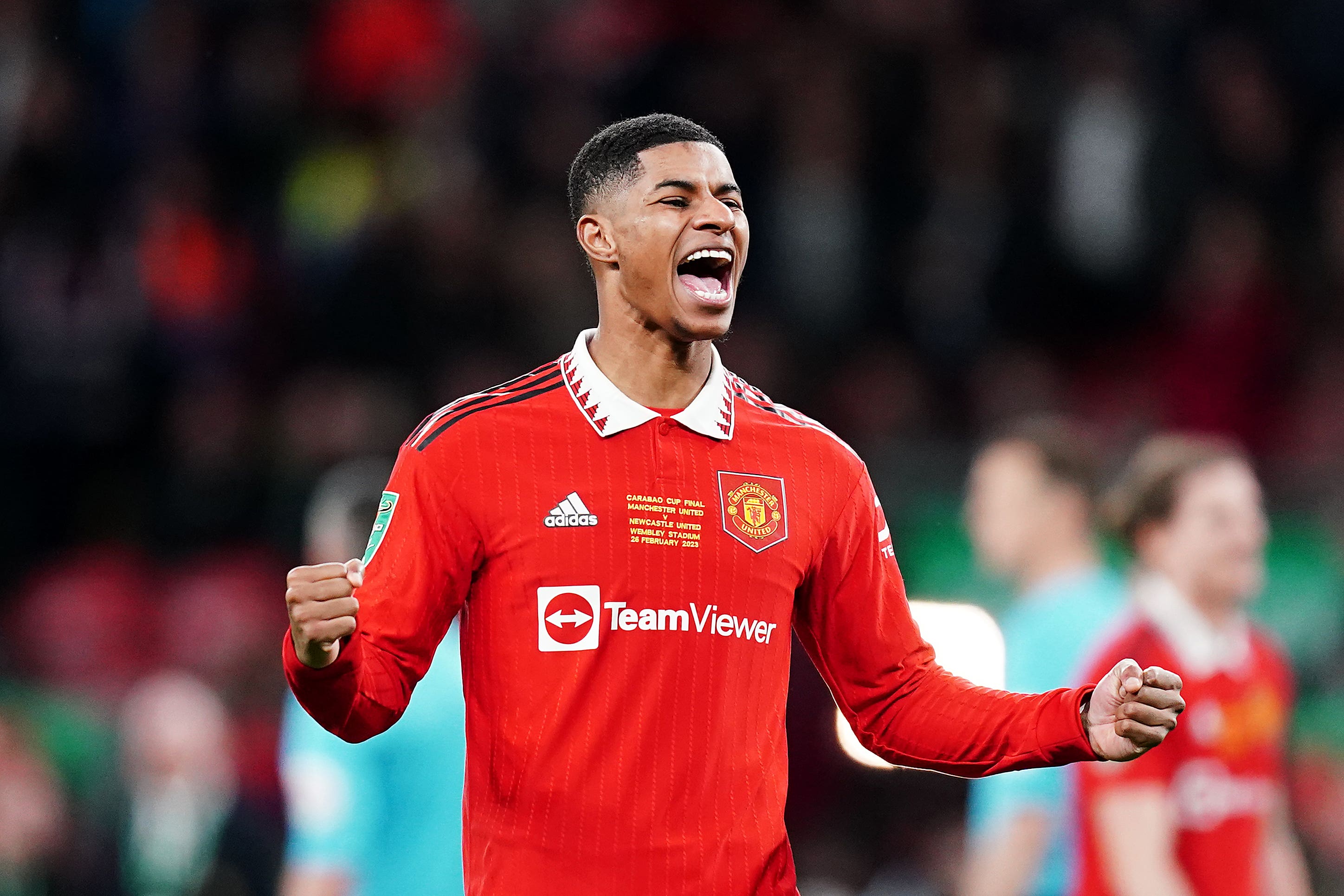 Marcus Rashford celebrates victory at Wembley (David Davies/PA)