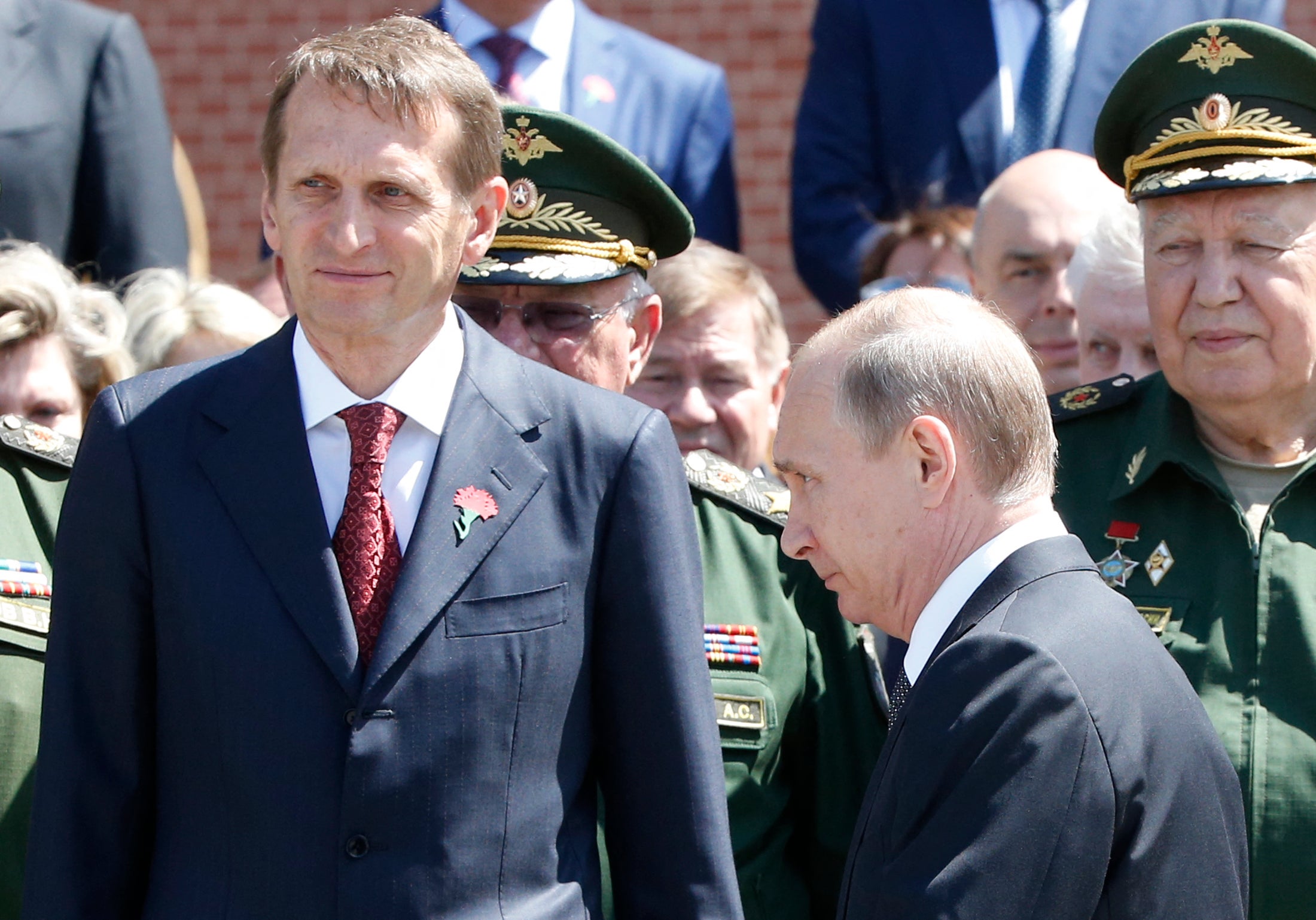 Sergey Naryshkin, then-State Duma Speaker and now head of the SVR foreign intelligence service, with Vladimir Putin at a wreath-laying ceremony in Moscow in 2016