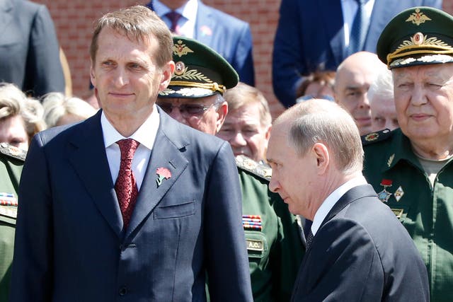 <p>Then-State Duma speaker Sergey Naryshkin with Vladimir Putin at a wreath-laying ceremony in Moscow in 2016</p>