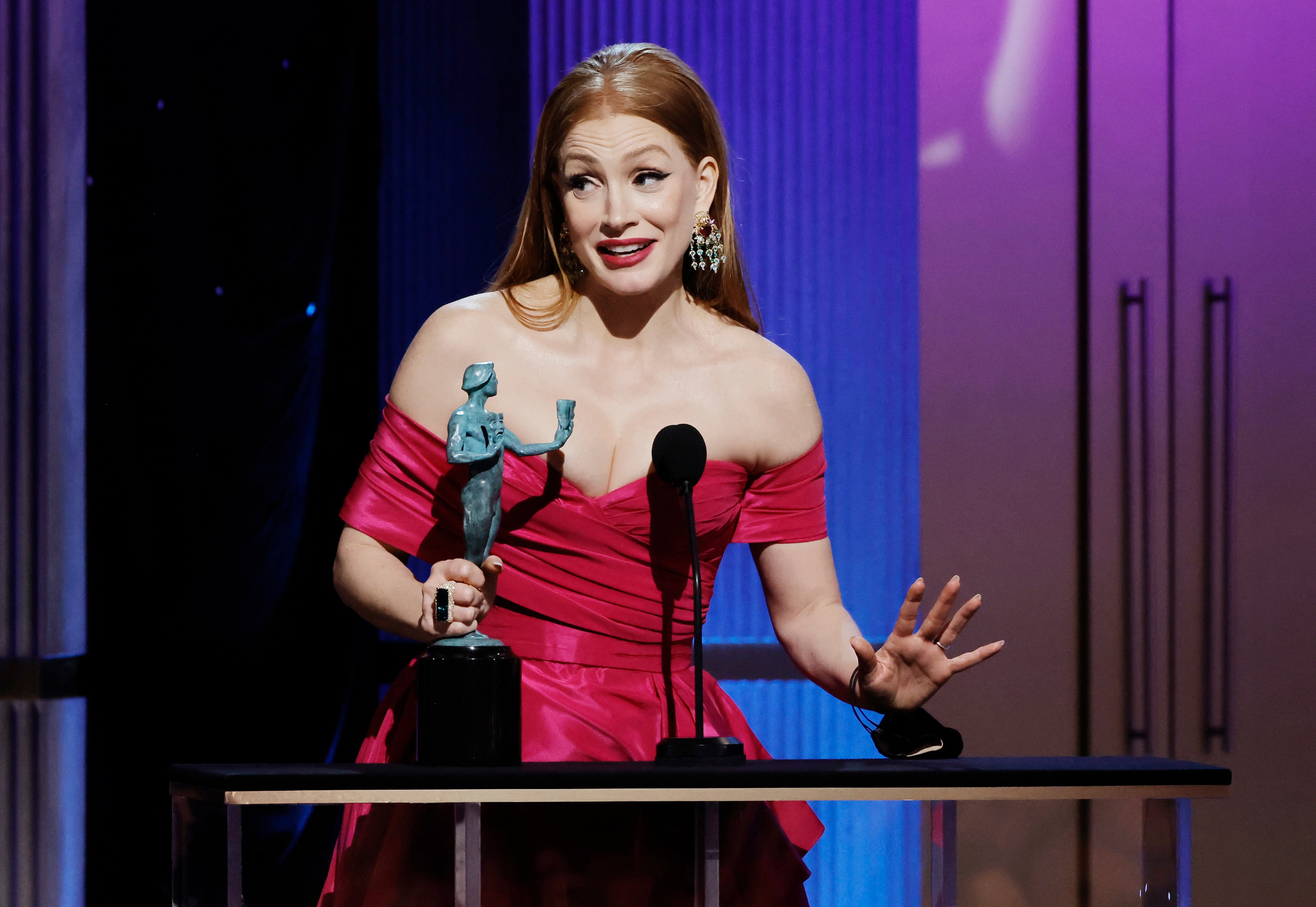 Jessica Chastain accepts the Outstanding Performance by a Female Actor in a Television Movie or Limited Series award for George & Tammy onstage during the 29th Annual Screen Actors Guild Awards