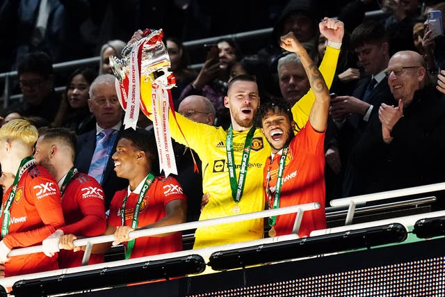 David De Gea celebrates Manchester United’s win (David Davies/PA)