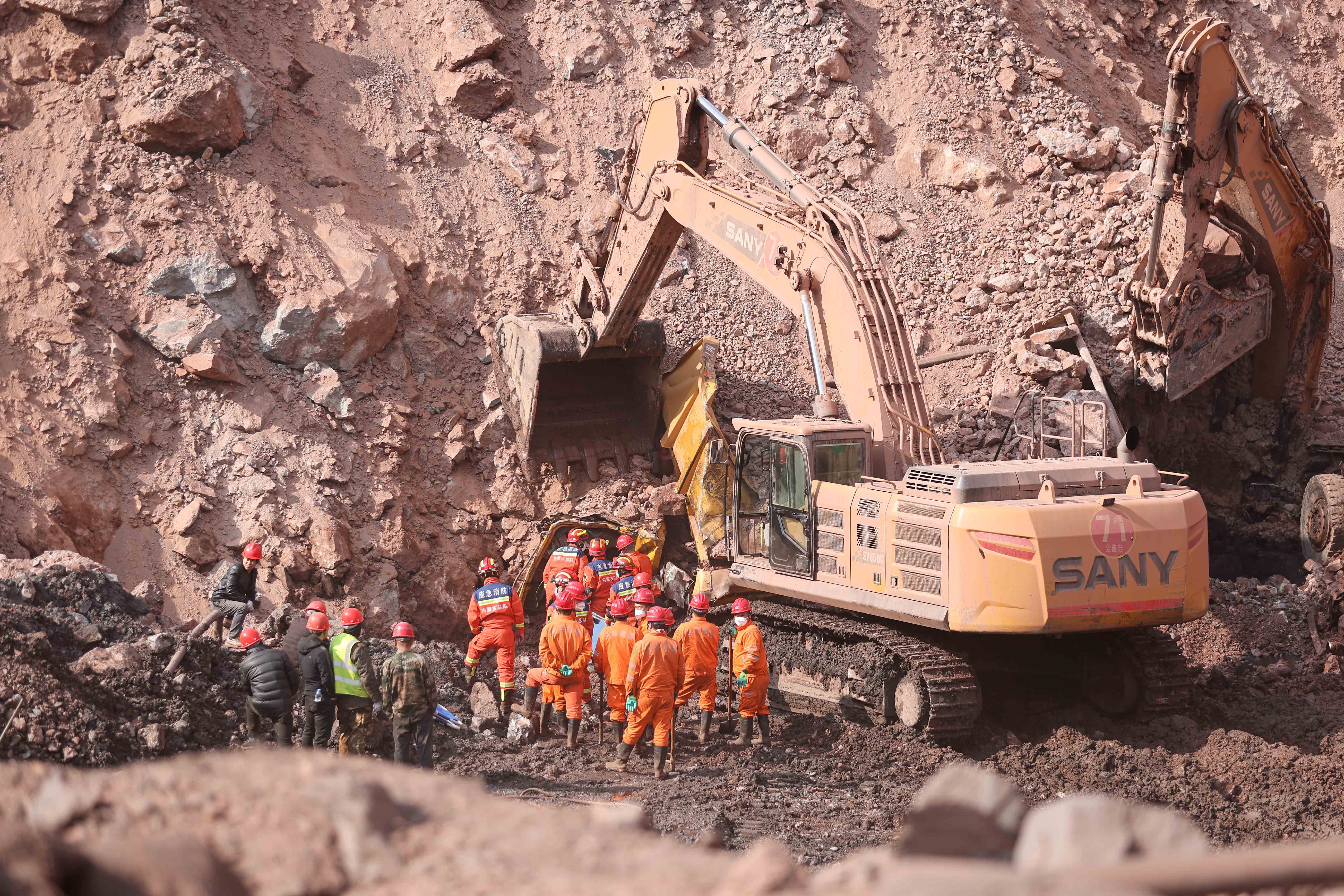 Rescuers conduct rescue works at the site of a collapsed coal mine in Alxa League, Inner Mongolia