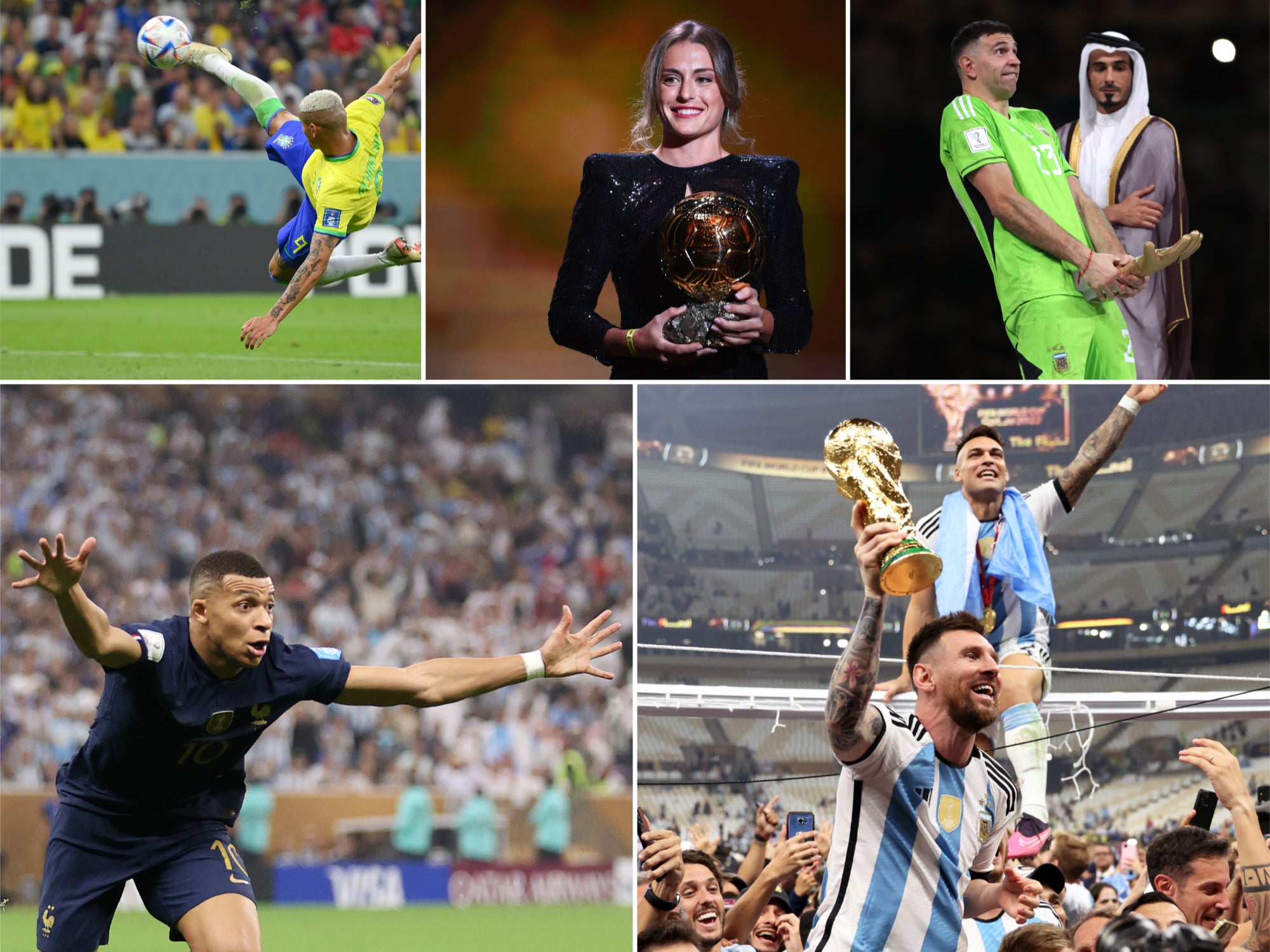 Clockwise from top left: Richarlison, Alexia Putellas, Emi Martinez, Lionel Messi and Kylian Mbappe