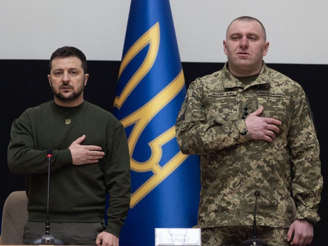 <p>Maj Gen Vasyl Malyuk, right, with President Volodymyr Zelensky </p>