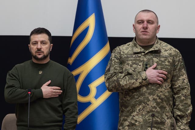 <p>Maj Gen Vasyl Malyuk, right, with President Volodymyr Zelensky </p>