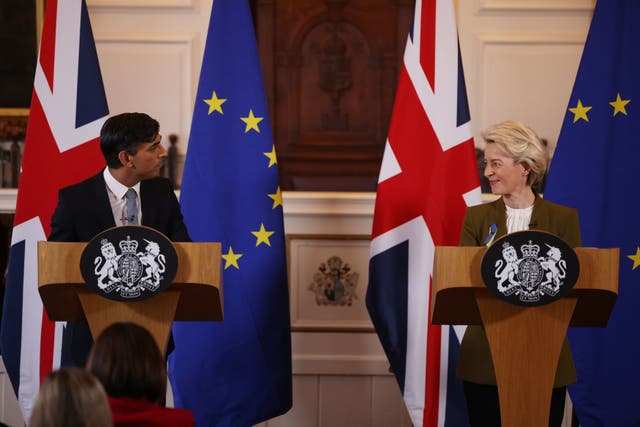 <p>Prime Minister Rishi Sunak and European Commission president Ursula von der Leyen during a press conference at the Guildhall in Windsor, Berkshire, following the announcement that they have struck a deal over the Northern Ireland Protocol</p>