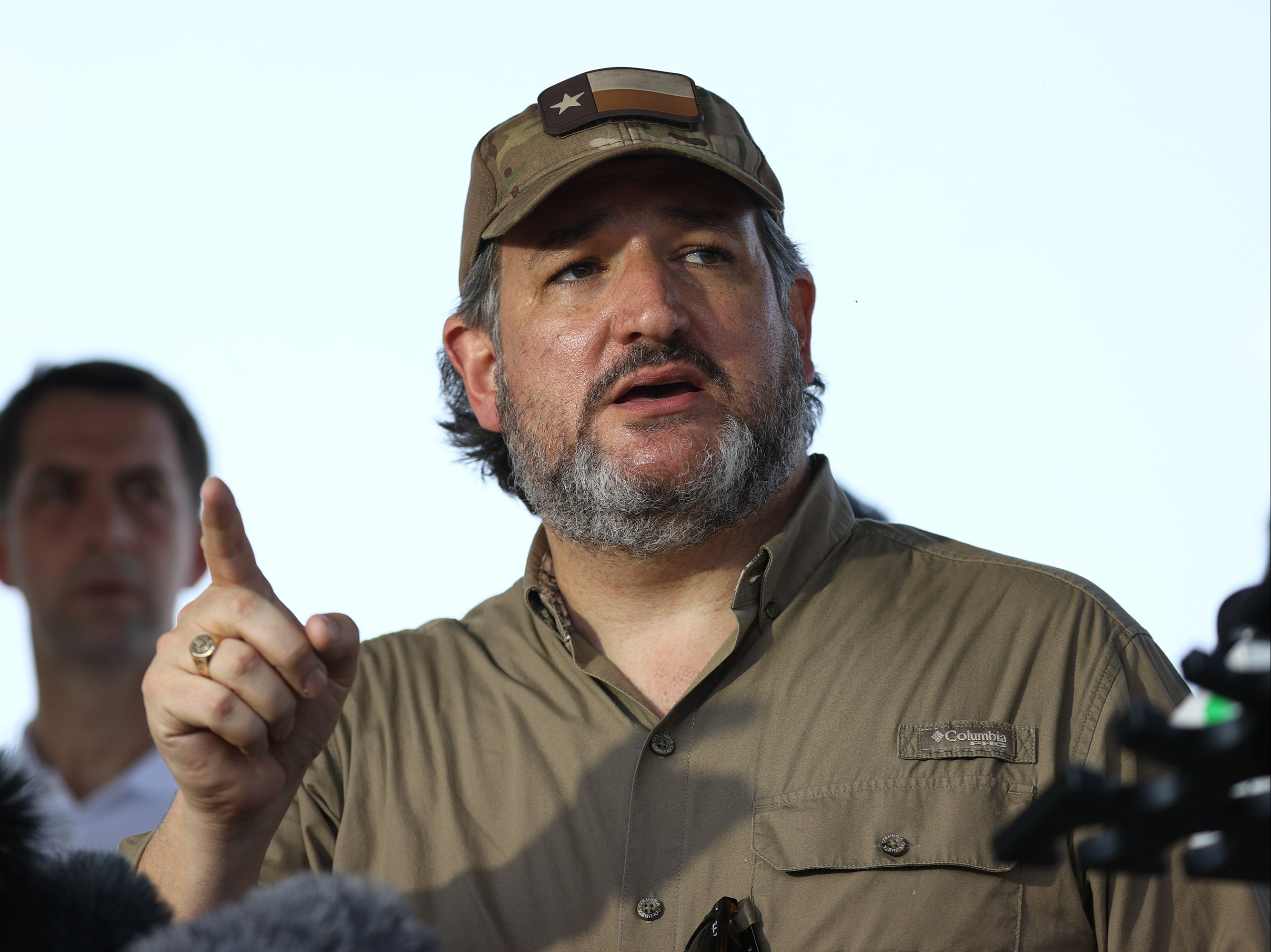 Sen. Ted Cruz (R-TX) speaks to the media after a tour of part of the Rio Grande river on a Texas Department of Public Safety boat on March 26, 2021 in Mission, Texas