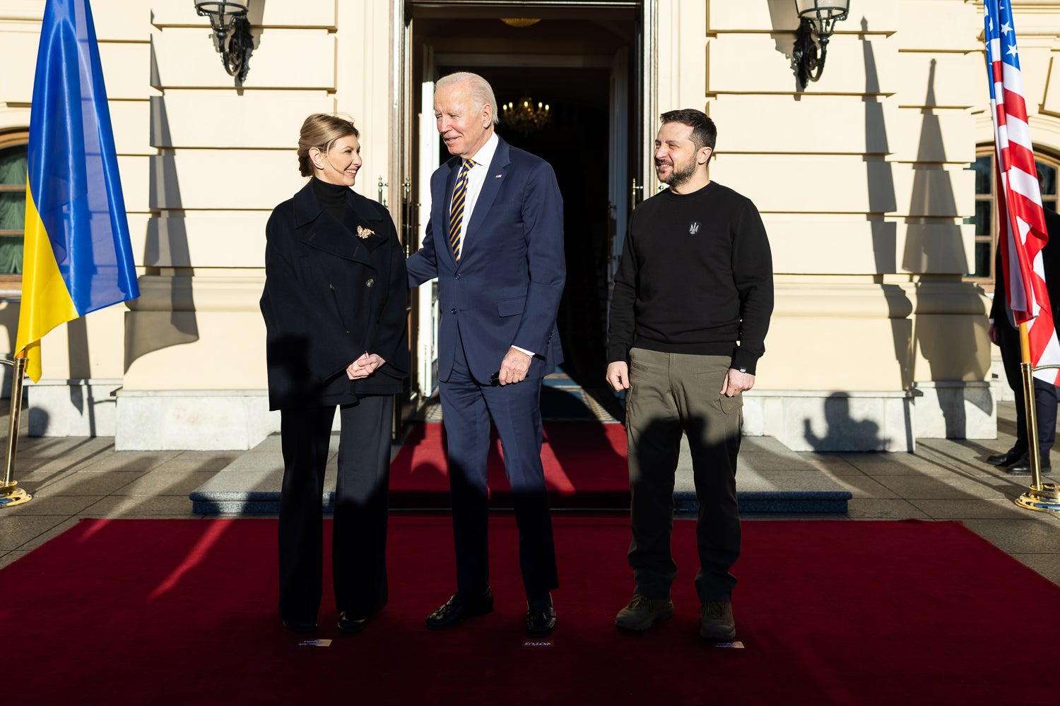 In this handout photo issued by the Ukrainian Presidential Press Office, U.S. President Joe Biden meets with Ukrainian President Volodymyr Zelensky and the First Lady of Ukraine Olena Zelenska