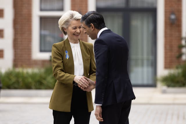 <p>Prime Minister Rishi Sunak greets European Commission President Ursula von der Leyen at the Fairmont Windsor Park (Dan Kitwood/PA)</p>