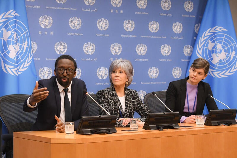 Jane Fonda, centre, attends a press briefing with campaigner and polar adviser at Greenpeace Nordic, Laura Meller, right, and Herve Berville, the secretary of state for the sea for France, at the United Nations in New York last week