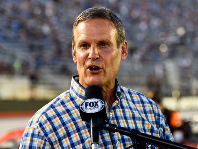 <p>Tennessee Governor Bill Lee gives the command to start engines prior to the NASCAR Cup Series All-Star Race at Bristol Motor Speedway on July 15, 2020 in Bristol, Tennessee</p>