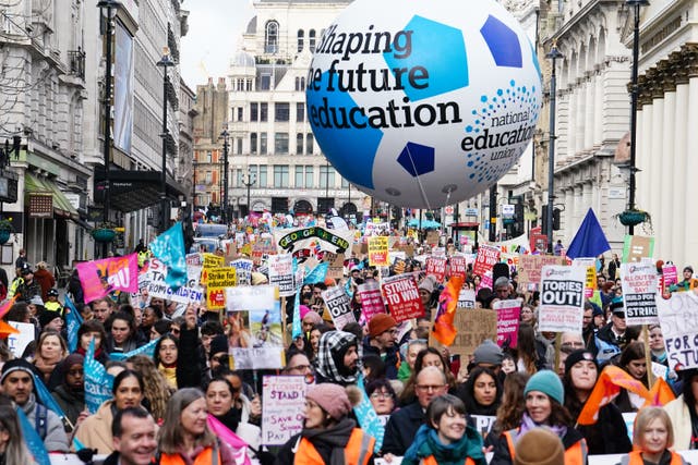 Members of the National Education Union taking part in a march from Portland Place to Westminster (Jordan Pettitt/PA)