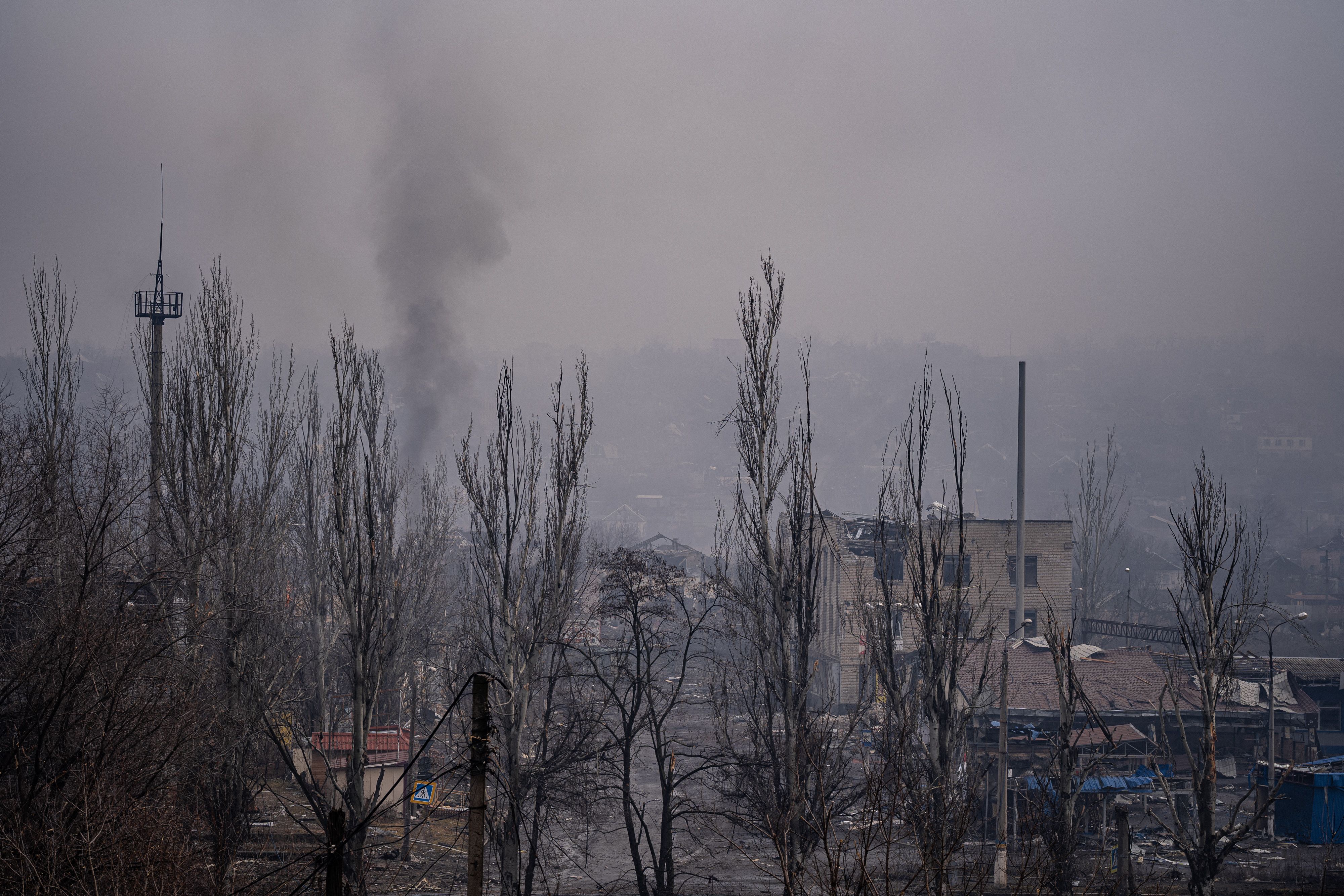 Smoke rises after shelling in Bakhmut yesterday amid the Russian invasion of Ukraine

