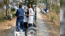 ‘Scared’ rhino charges at tourist jeep and causes it to flip over, injuring six