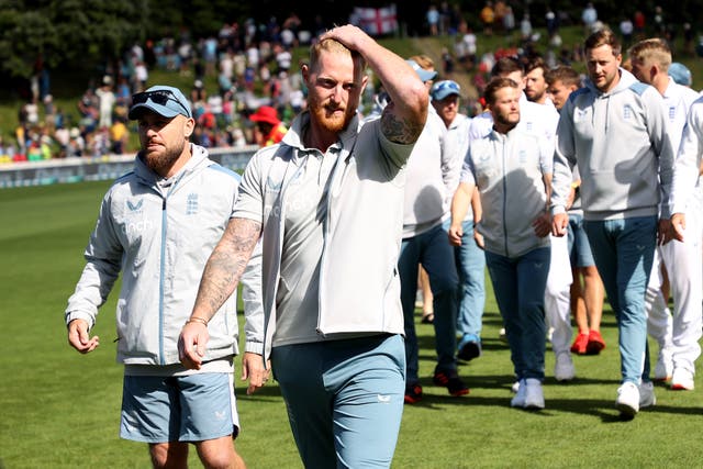 <p>Ben Stokes leaves the field after England’s narrow defeat in Wellington</p>