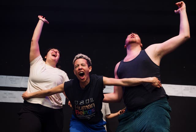 <p>From L-R: Ellice Stevens, EM Williams and Zachary Willis in rehearsal for ‘After the Act’ </p>