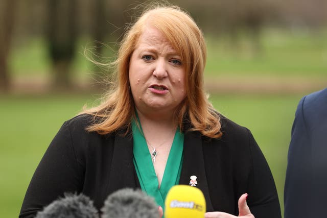 Naomi Long, leader of the Alliance Party, speaks to the media in Co Antrim, after meeting with Prime Minister Rishi Sunak during his visit to Northern Ireland to sell the Windsor Framework deal secured with the European Union (Liam McBurney/PA)