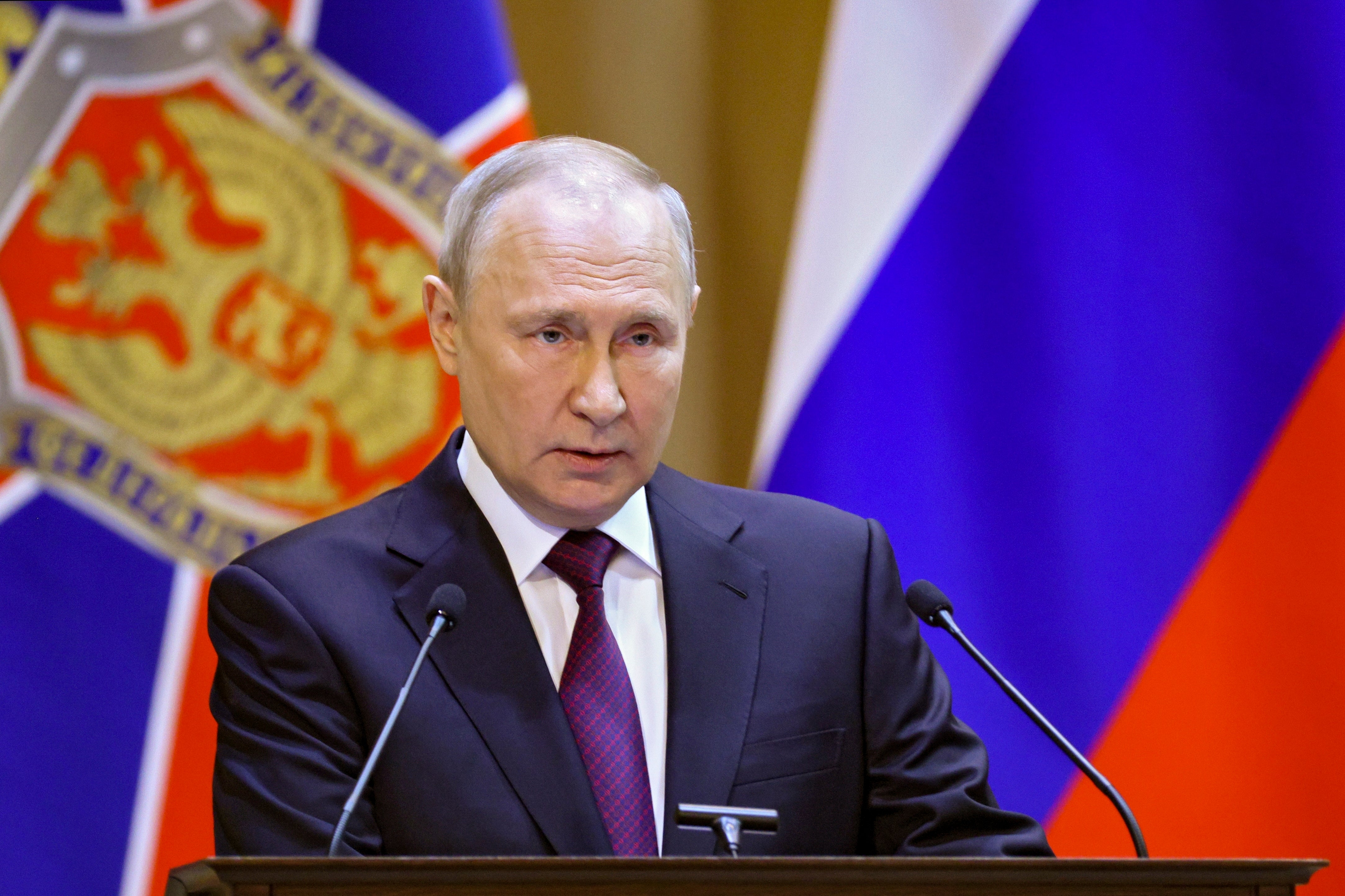 Vladimir Putin delivers a speech during a meeting of the Federal Security Service board in Moscow on Tuesday