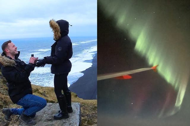 Adam Groves, who flew to Iceland for a surprise proposal for his girlfriend had a ‘great surprise’ to see the northern lights on his flight home (Adam Groves)