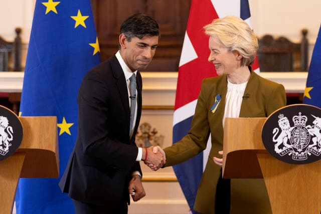 <p>Rishi Sunak and Ursula von der Leyen shake hands during a joint press conference following their meeting in February</p>