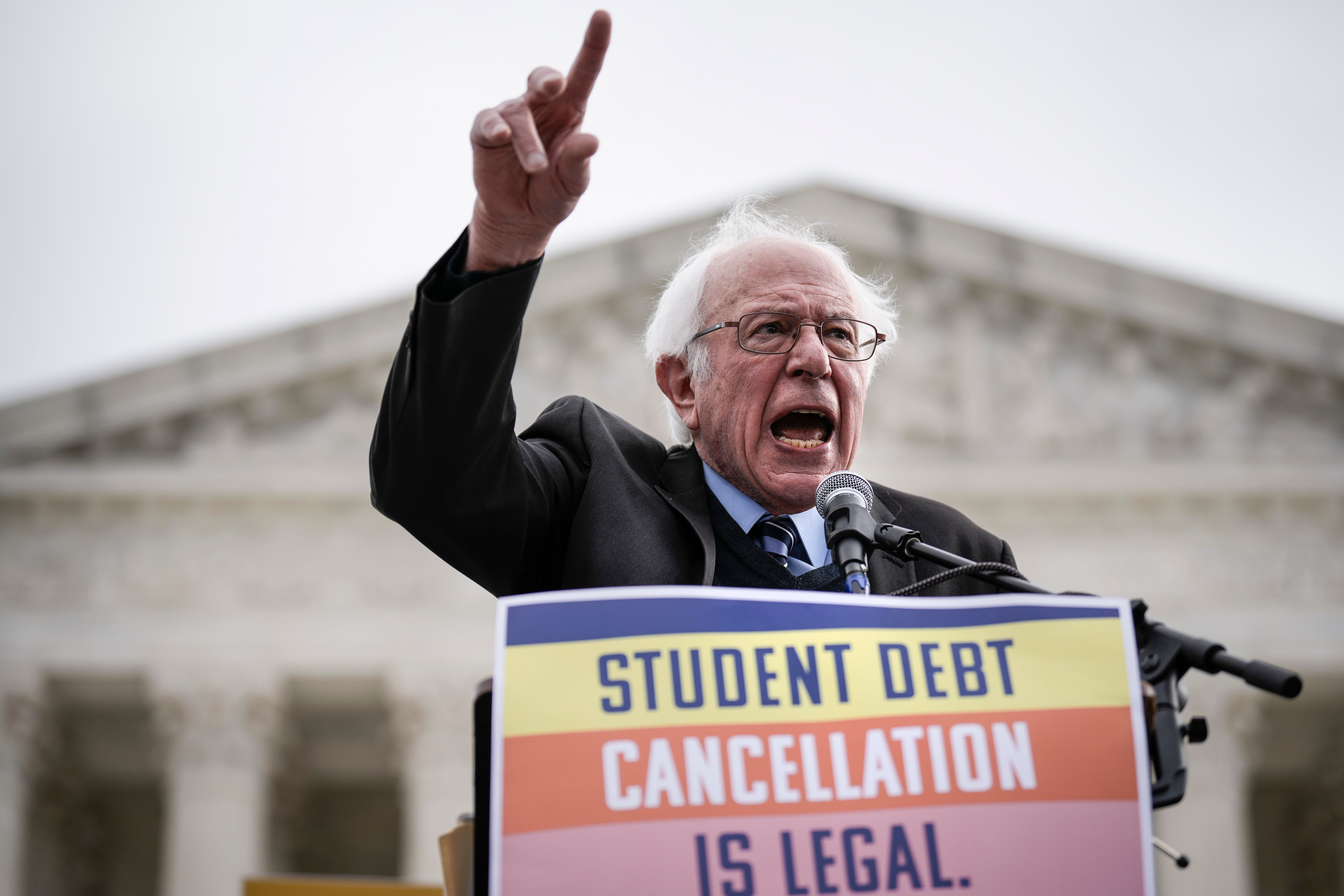 Bernie Sanders rallies outside the US Supreme Court on 28 February to support student loan debt cancellation plans.