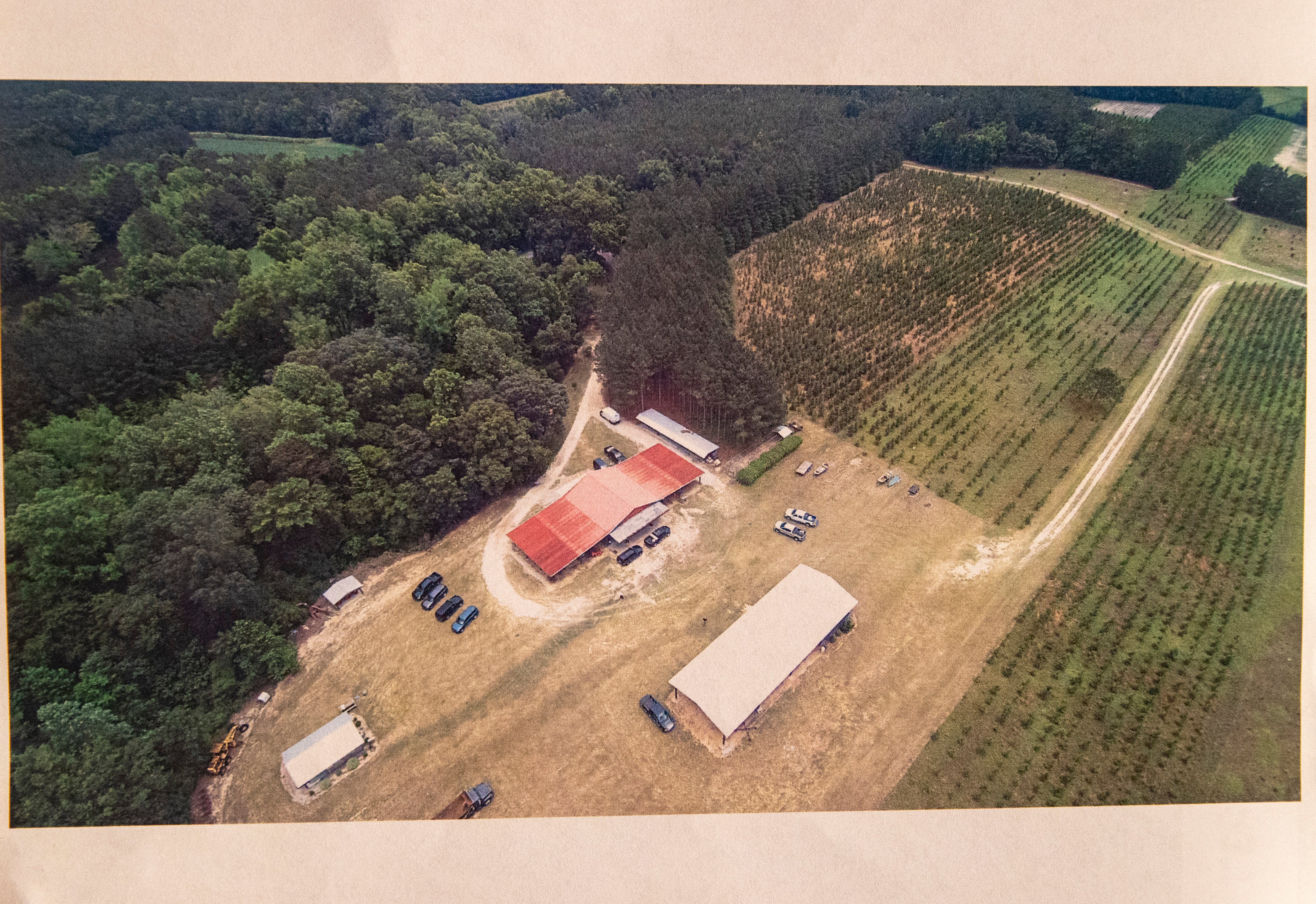 Aerial view of the dog kennels and feed room where the murders unfolded