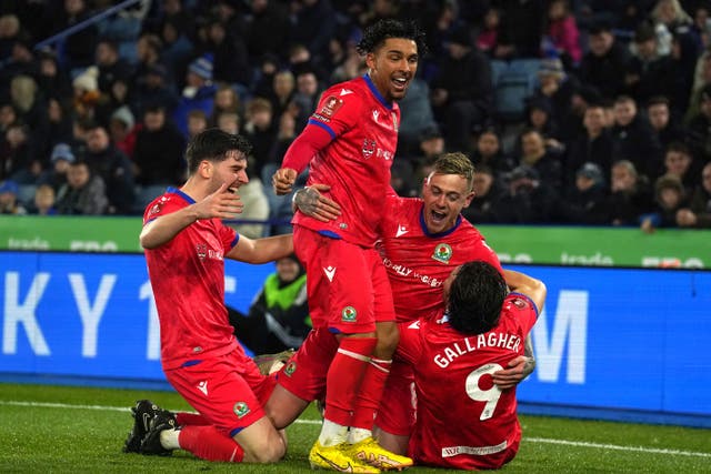Blackburn’s Sammie Szmodics (second right) celebrates his goal as Rovers upset Leicester in the FA Cup (Mike Egerton/PA)