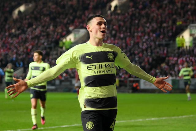 <p>Phil Foden celebrates scoring the second goal for City </p>
